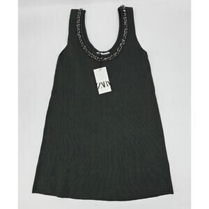 Zara Dark Olive Beaded Scoop Neck Sweater Dress – Size M – NWT